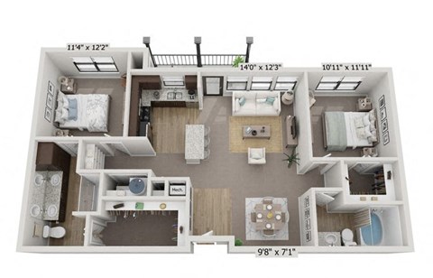 Floor plan for 2 beds, 2 baths, 1104 sqft